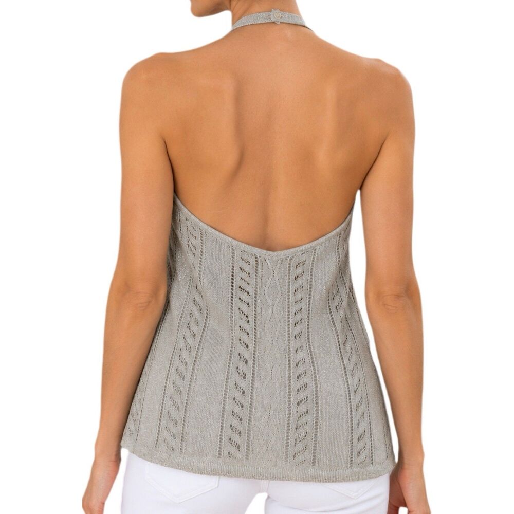 Lauren Ralph Lauren Linen Silver Shimmery Knit Halter Tank Top Blouse Women L